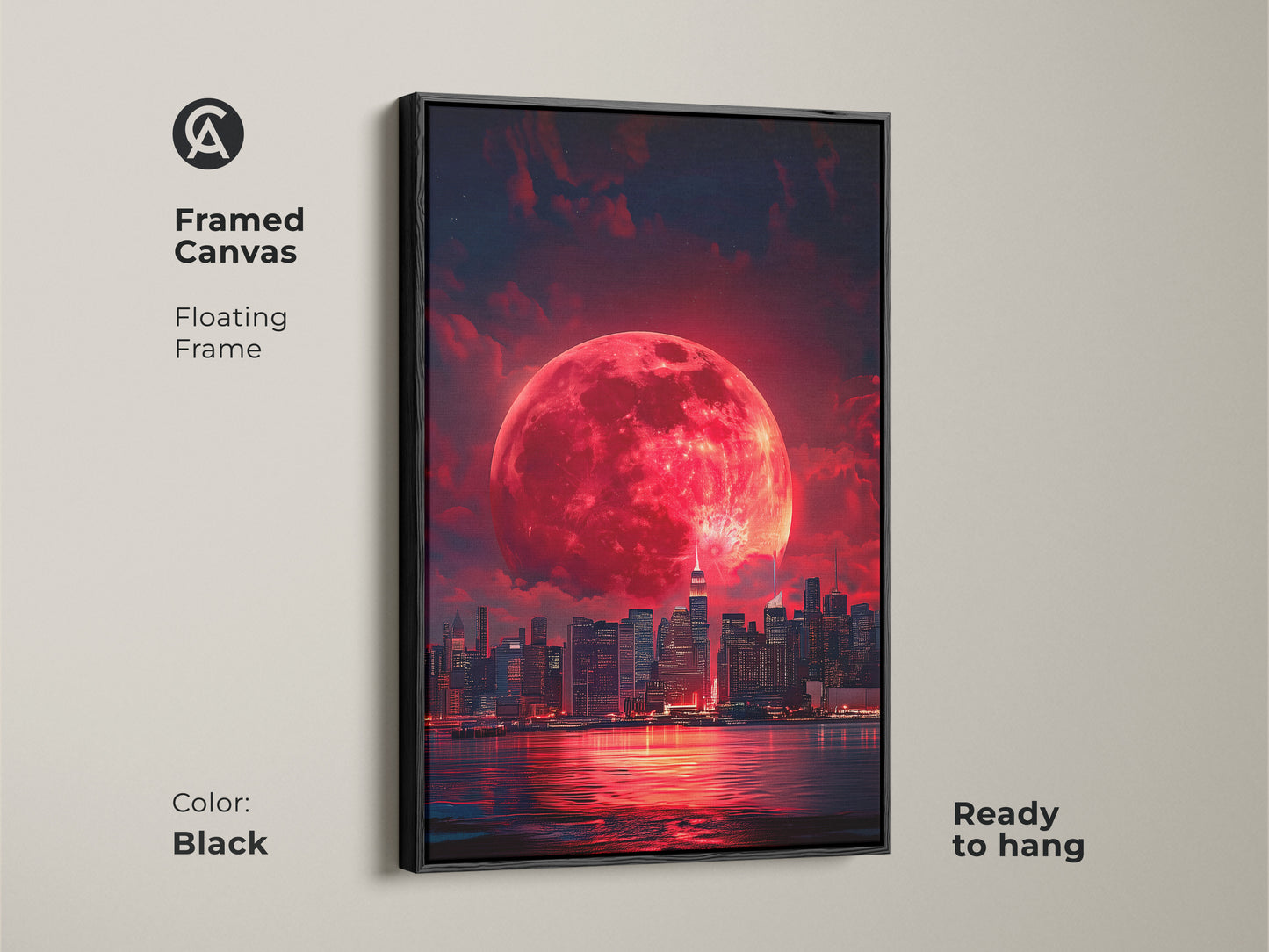 Framed canvas featuring a surreal cityscape under a crimson moon. This fantasy skyline artwork has a floating frame in black. Ready to hang this urban wall decor adds a dramatic touch to bedrooms living rooms or offices.