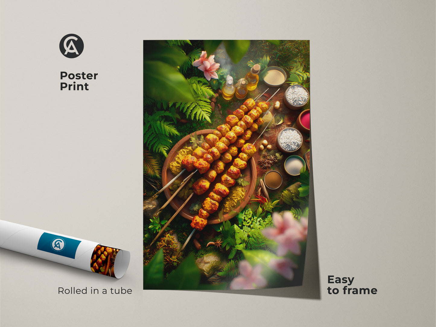 A poster print displays a vibrant food-themed artwork. The artwork features grilled skewers and jungle plants. The print is easy to frame. This museum-quality poster brings a touch of exotic cuisine and natural beauty to your home decor.