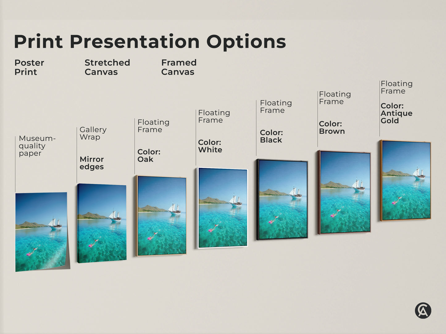 Explore print presentation options for this coastal artwork. Choose from poster print stretched canvas or framed canvas. Select your ideal medium to showcase a sailboat a snorkeler and turquoise ocean art.