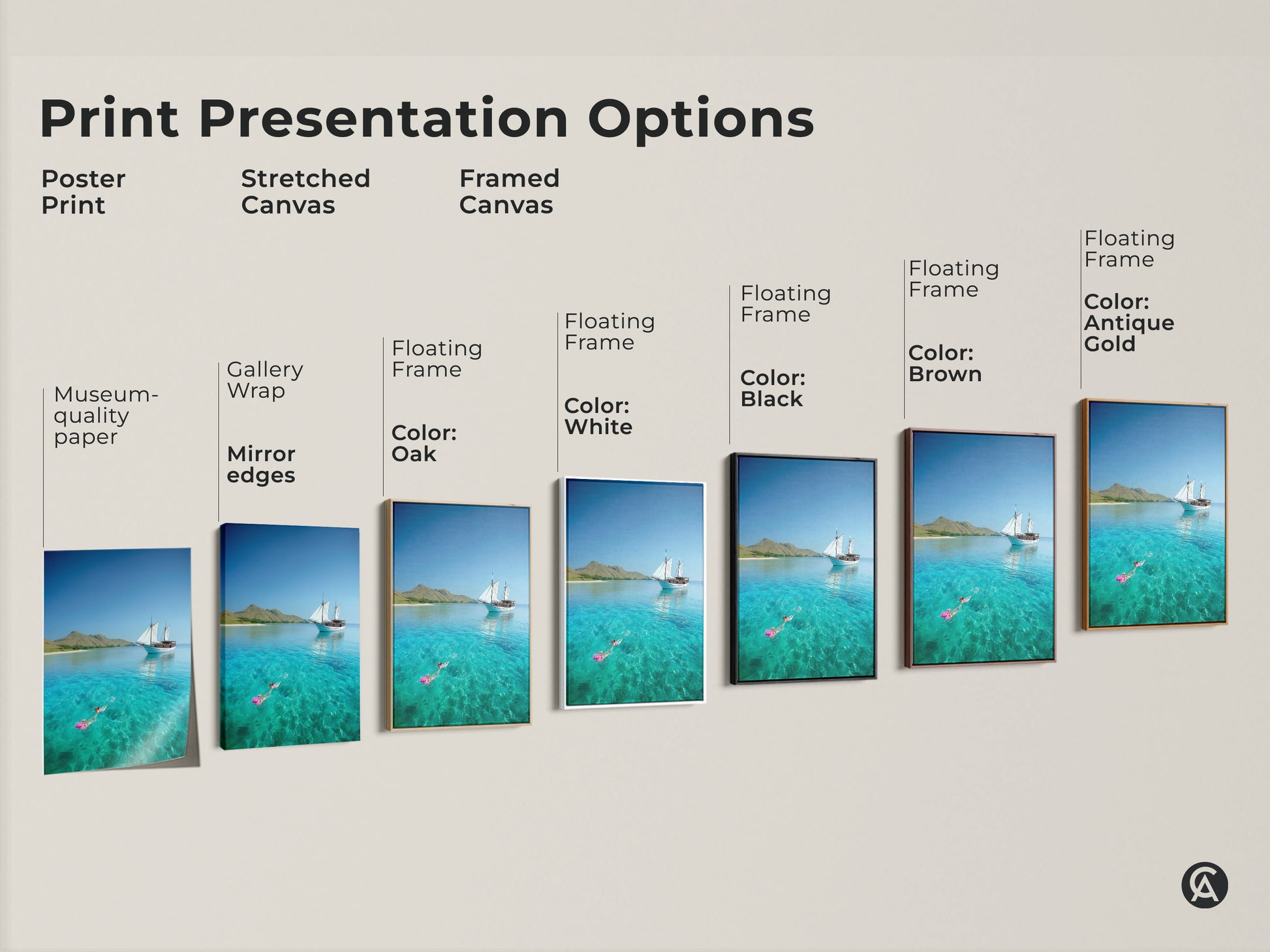 Explore print presentation options for this coastal artwork. Choose from poster print stretched canvas or framed canvas. Select your ideal medium to showcase a sailboat a snorkeler and turquoise ocean art.