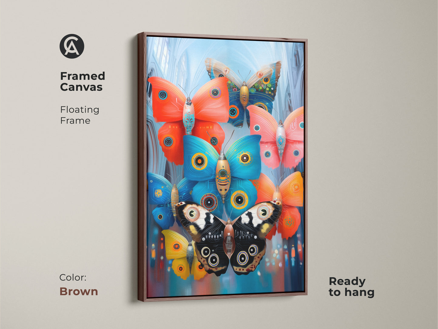 Framed canvas featuring surreal mechanical butterflies with a floating frame. The ornate wings and teal orange blue hues offer eclectic home decor. This insect artwork is ready to hang with a brown frame.