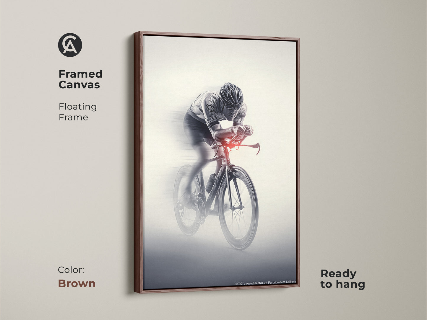 Framed canvas of a cyclist in action. This floating frame is in brown. The monochrome racing art comes ready to hang. This sports speed wall art is a dynamic decor. The artwork is a great piece for any space.