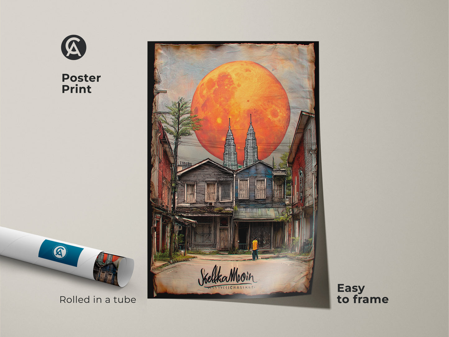 Poster print displays a surreal cityscape artwork of Twin Towers under an orange moon. Rolled in a tube for easy framing. This digital fantasy art adds an eclectic touch to bedroom decor. It's a perfect travel gift for unique home decor.