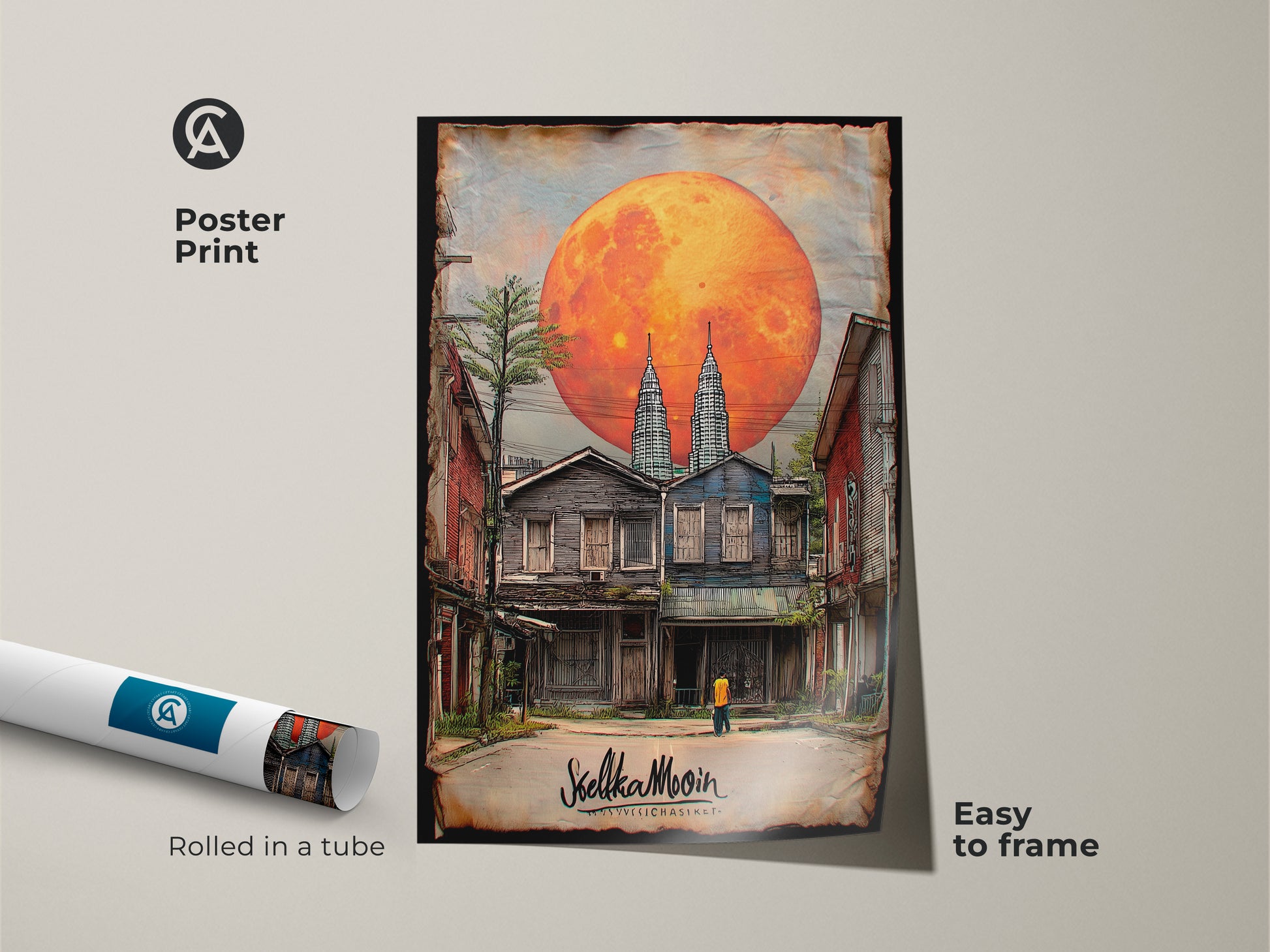 Poster print displays a surreal cityscape artwork of Twin Towers under an orange moon. Rolled in a tube for easy framing. This digital fantasy art adds an eclectic touch to bedroom decor. It's a perfect travel gift for unique home decor.