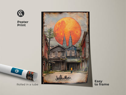Poster print displays a surreal cityscape artwork of Twin Towers under an orange moon. Rolled in a tube for easy framing. This digital fantasy art adds an eclectic touch to bedroom decor. It's a perfect travel gift for unique home decor.