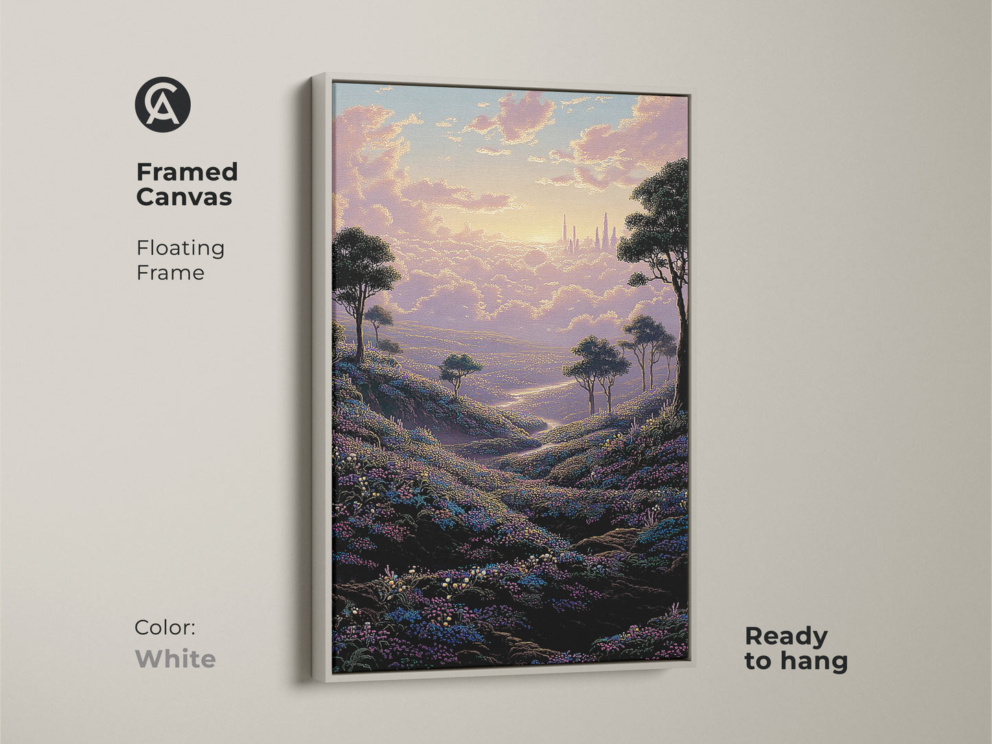 Framed canvas art in a floating white frame shows a dreamy cityscape and flower field. This pastel pink yellow purple art is ready to hang. A unique and colorful wall decor for any home.
