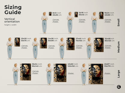 Sizing guide illustrating various sizes of the abstract woman portrait art. See how the canvas or poster fits in a room. Ranging from small to large formats this eclectic wall decor is perfect for any space.