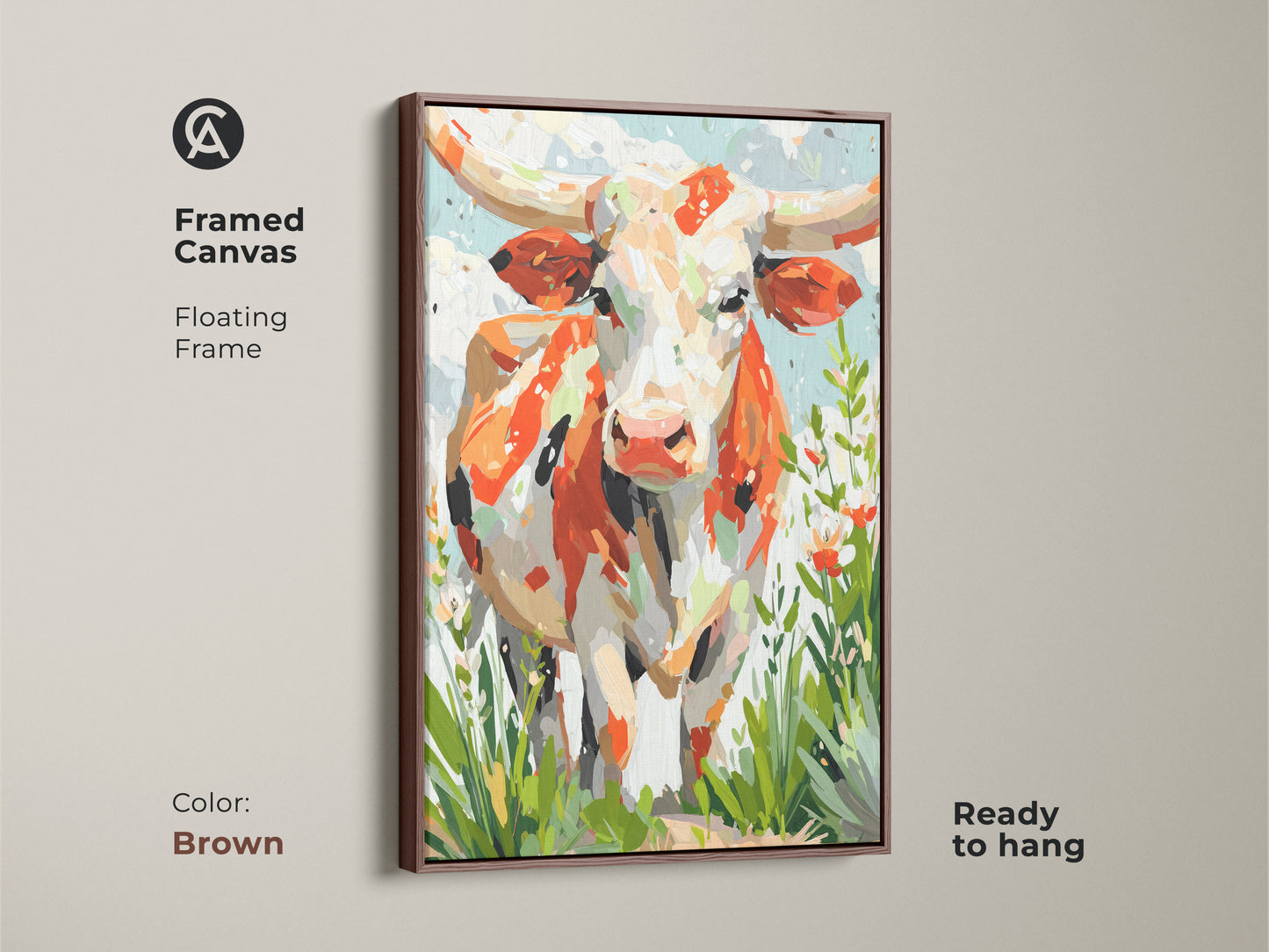 Longhorn cow art is showcased in a framed canvas. A brown floating frame enhances the artwork. The piece blends orange white and cream tones. Green accents bring a lively feel. It is ready to hang.