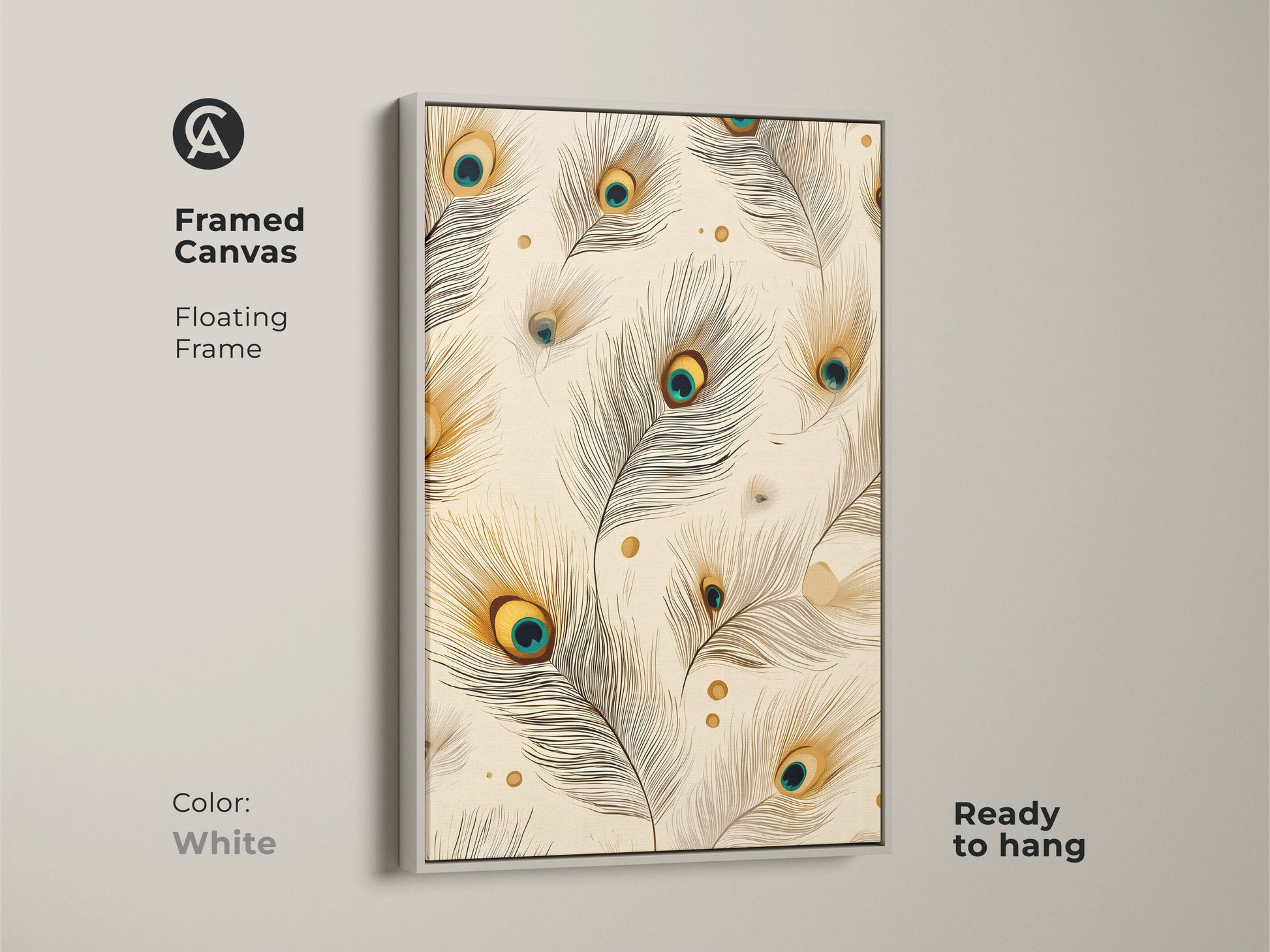 White framed canvas of peacock feather artwork with a floating frame. Boho abstract wall art ready to hang. The cream teal and gold decor is a unique abstract painting. Ideal for coastal modern art and adding a touch of luxury.