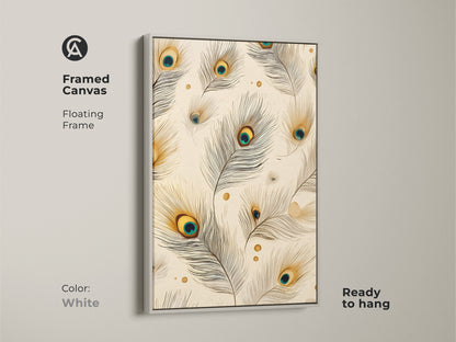 White framed canvas of peacock feather artwork with a floating frame. Boho abstract wall art ready to hang. The cream teal and gold decor is a unique abstract painting. Ideal for coastal modern art and adding a touch of luxury.