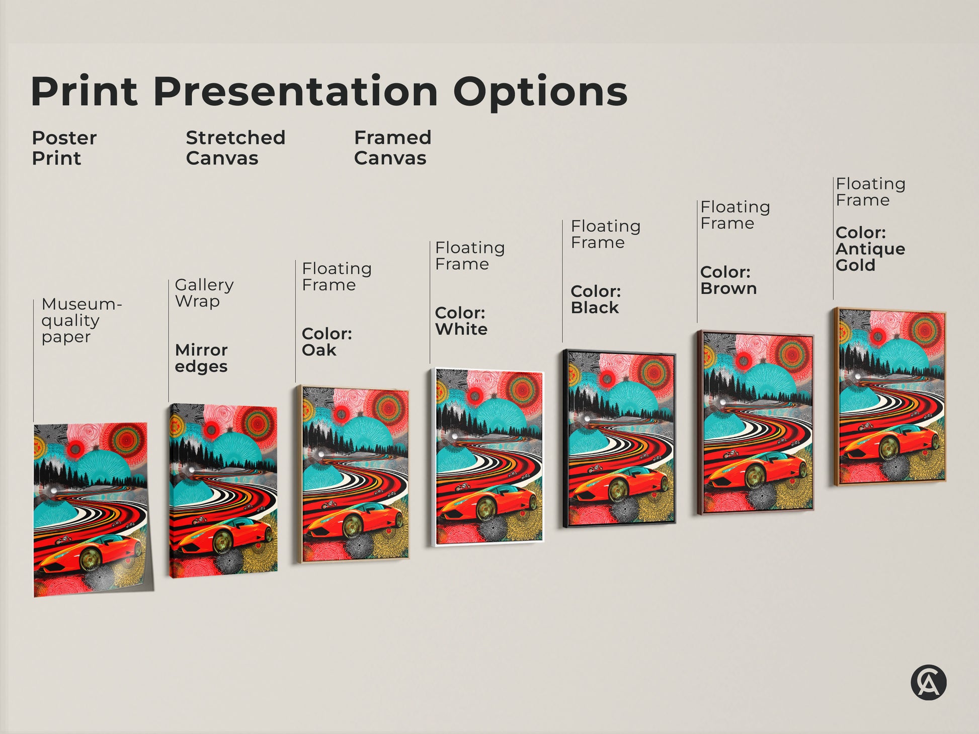 Print presentation options for Pop Art canvas. Various frames and formats are shown. Poster prints stretched canvas and framed options available. Find the perfect car enthusiast gift. Enhance your office artwork. Vibrant abstract art is unique.