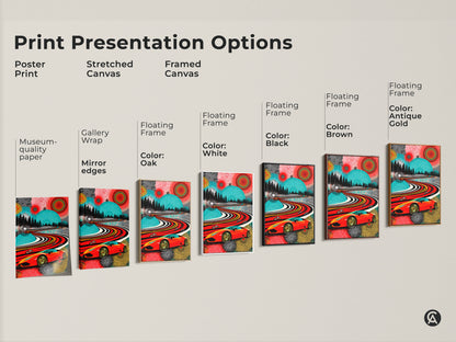 Print presentation options for Pop Art canvas. Various frames and formats are shown. Poster prints stretched canvas and framed options available. Find the perfect car enthusiast gift. Enhance your office artwork. Vibrant abstract art is unique.