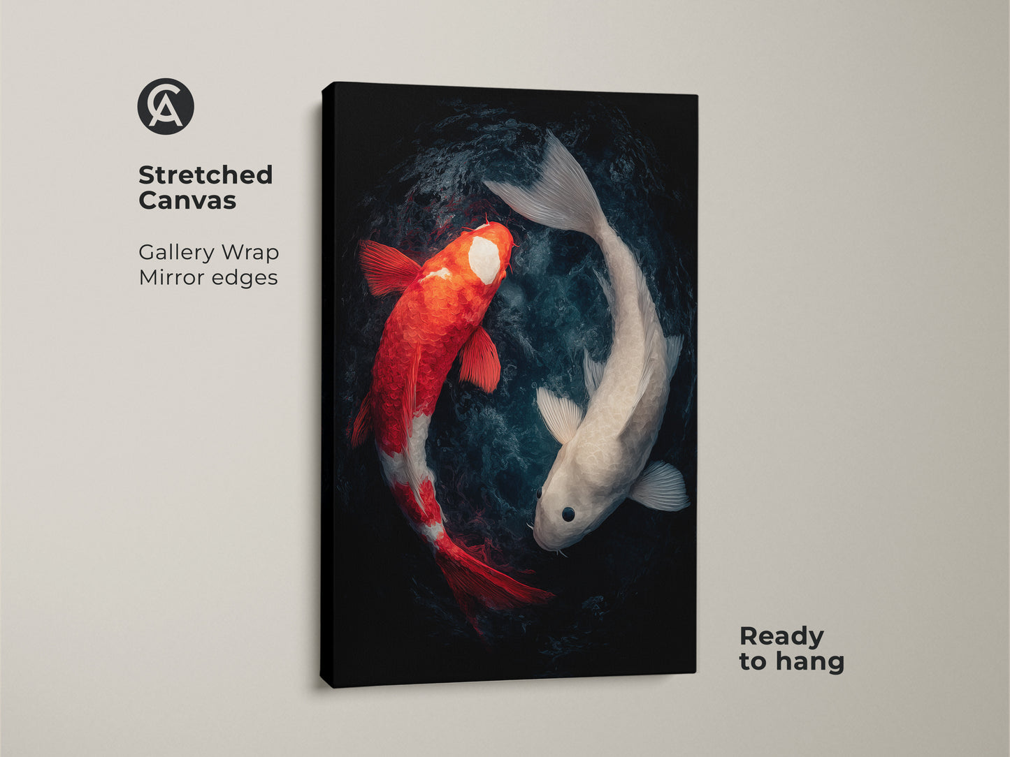 Stretched canvas art featuring two koi fish. The gallery wrapped canvas has mirrored edges. This unique artwork of red and white koi fish swimming in a circle is ready to hang.