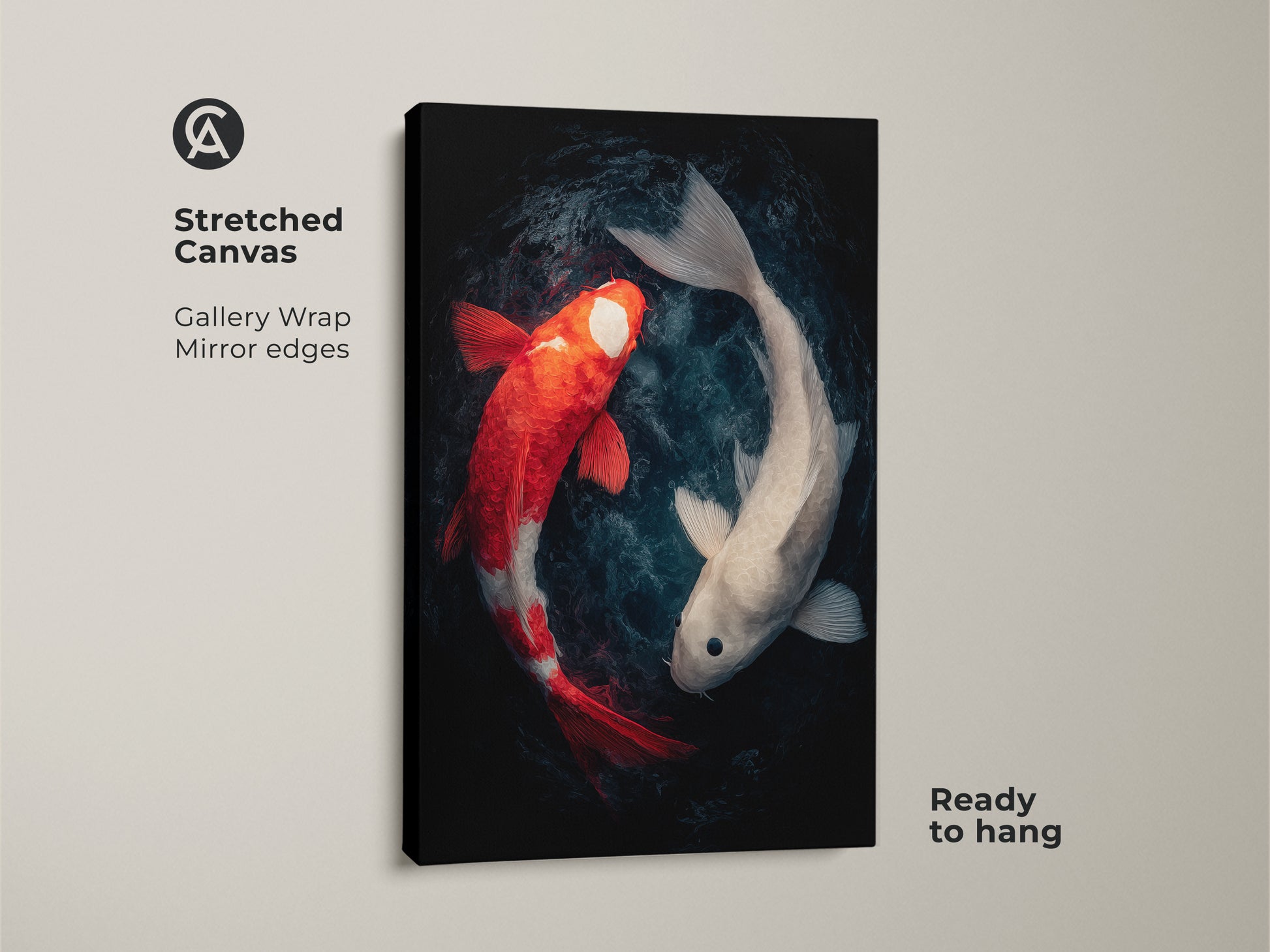 Stretched canvas art featuring two koi fish. The gallery wrapped canvas has mirrored edges. This unique artwork of red and white koi fish swimming in a circle is ready to hang.