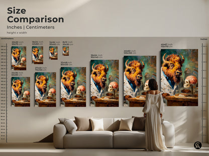 A size comparison chart with inches and centimeters. Artwork of a bison head scientist wearing a lab coat. Sizes range from small to large.  The artwork is available as canvas or poster.