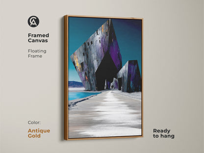 Antique gold framed canvas art presents a geometric abstract structure. This futuristic art brings deep purple and dark gray tones to your walls. The contemporary artwork features a floating frame ready for display.