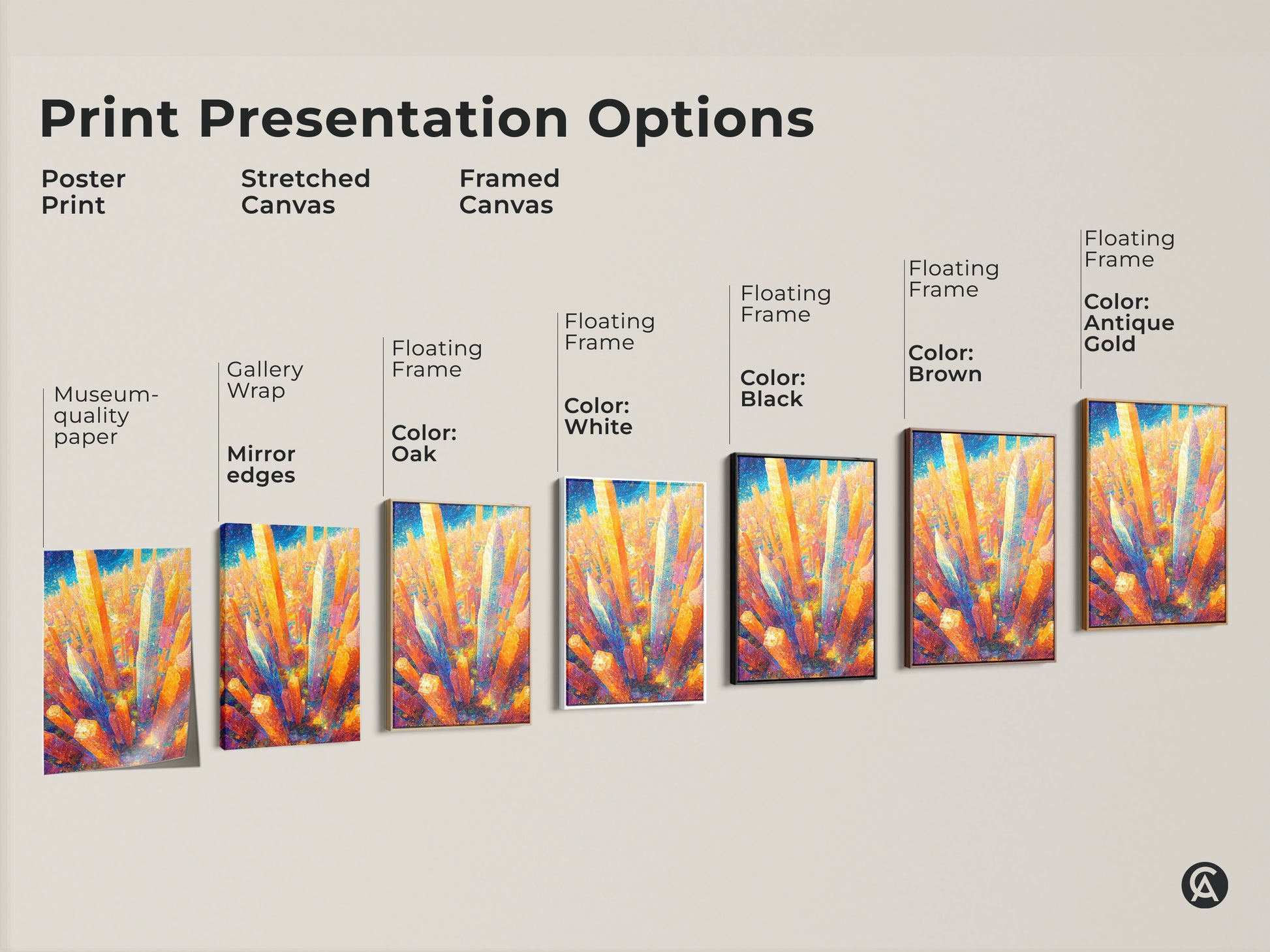 Explore print presentation options for cityscape art. Choose from poster prints stretched canvas and framed canvas. Each option enhances the vibrant artwork for your space.