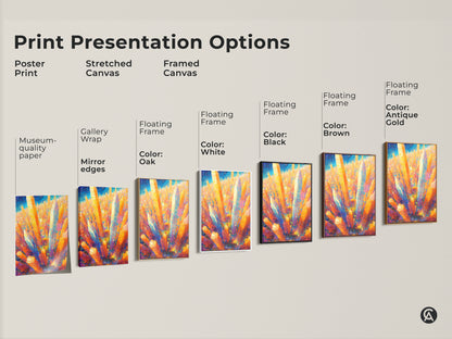 Explore print presentation options for cityscape art. Choose from poster prints stretched canvas and framed canvas. Each option enhances the vibrant artwork for your space.