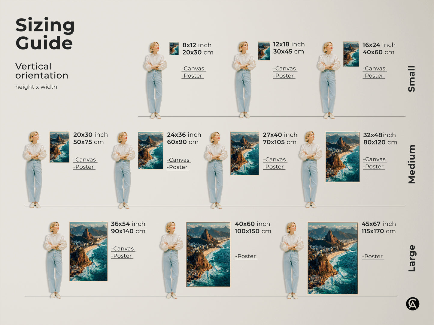 Sizing guide for Rio de Janeiro canvas and poster prints. Vertical orientation examples from small to large. Visualize how Ipanema Beach Christ the Redeemer artwork fits your space. Find the perfect size for your ocean blue coastal landscape decor today