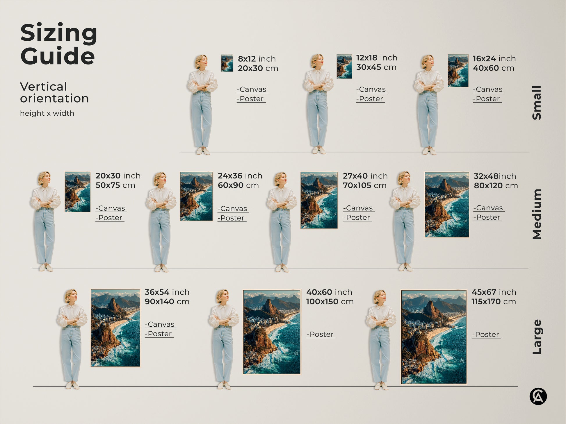 Sizing guide for Rio de Janeiro canvas and poster prints. Vertical orientation examples from small to large. Visualize how Ipanema Beach Christ the Redeemer artwork fits your space. Find the perfect size for your ocean blue coastal landscape decor today