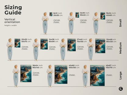 Sizing guide for Rio de Janeiro canvas and poster prints. Vertical orientation examples from small to large. Visualize how Ipanema Beach Christ the Redeemer artwork fits your space. Find the perfect size for your ocean blue coastal landscape decor today
