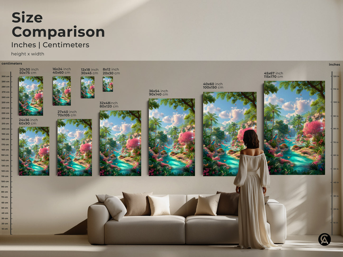 Size comparison of flamingo artwork canvas and poster prints. See how each size transforms your living space. Dimensions range from 8x12 to 45x67 inches. Find the ideal piece to bring a tropical touch to your home.