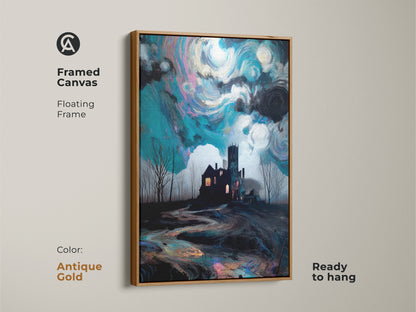 Framed canvas featuring a gothic haunted house. This surreal landscape art print has an antique gold floating frame. Swirling night sky adds drama. Ideal as office wall decor gothic or Halloween haunted house art. This unique gothic home art adds charm.