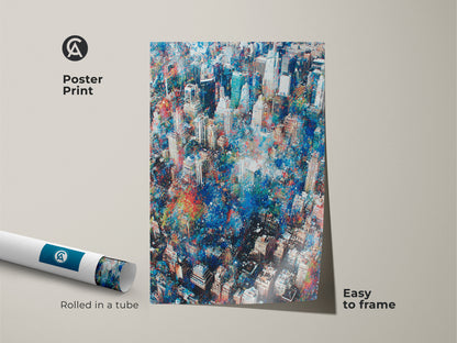 Poster print of an aerial cityscape artwork. This museum-quality paper captures the essence of the city. It's rolled in a tube for easy framing. This unique piece is easy to frame and display in any setting.
