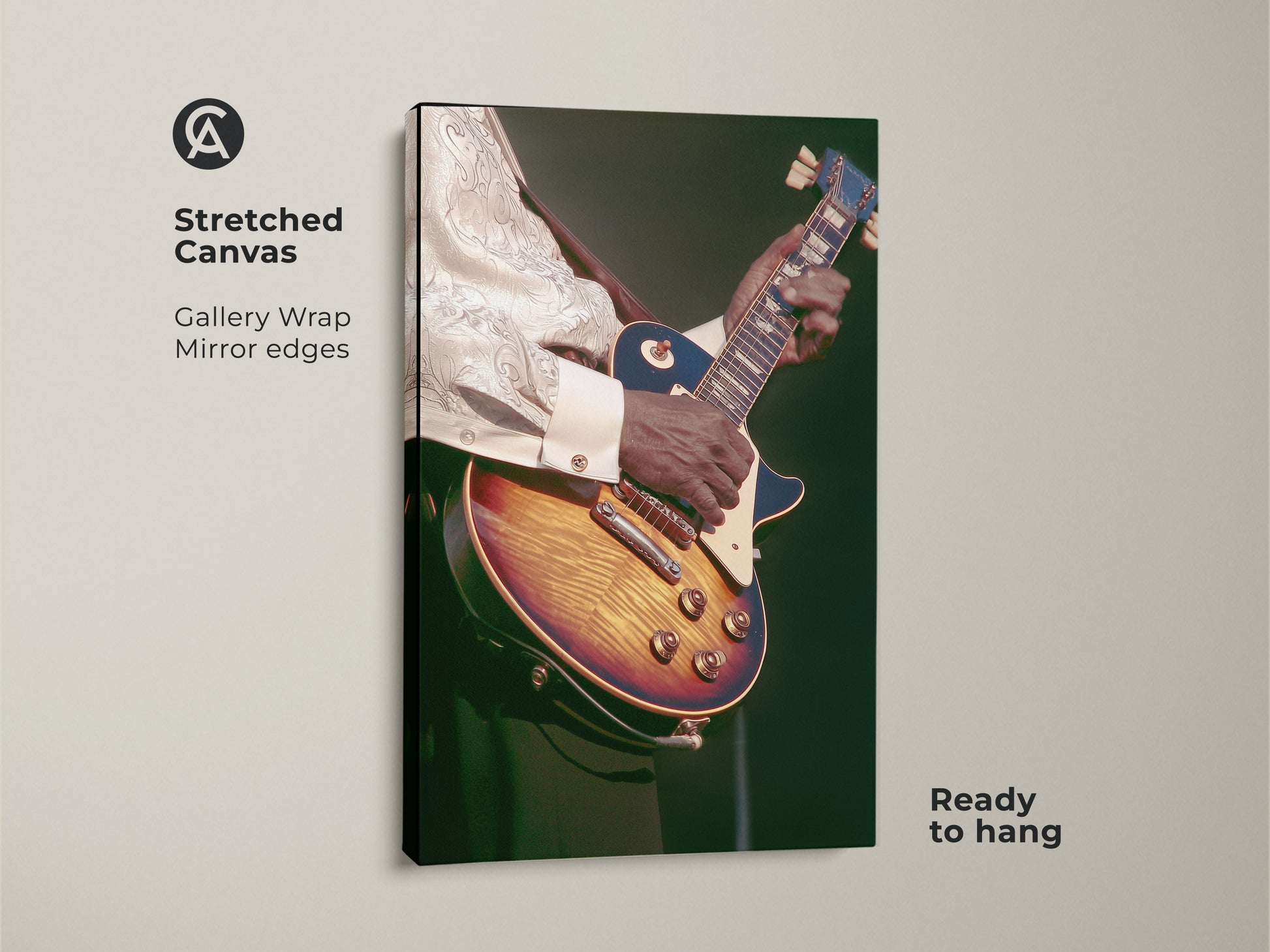 A stretched canvas gallery wrap of a vintage guitarist. The retro amber and dark green music art is ready to hang. A perfect eclectic home decor gift for guitarists. This rock and roll canvas adds a unique touch.
