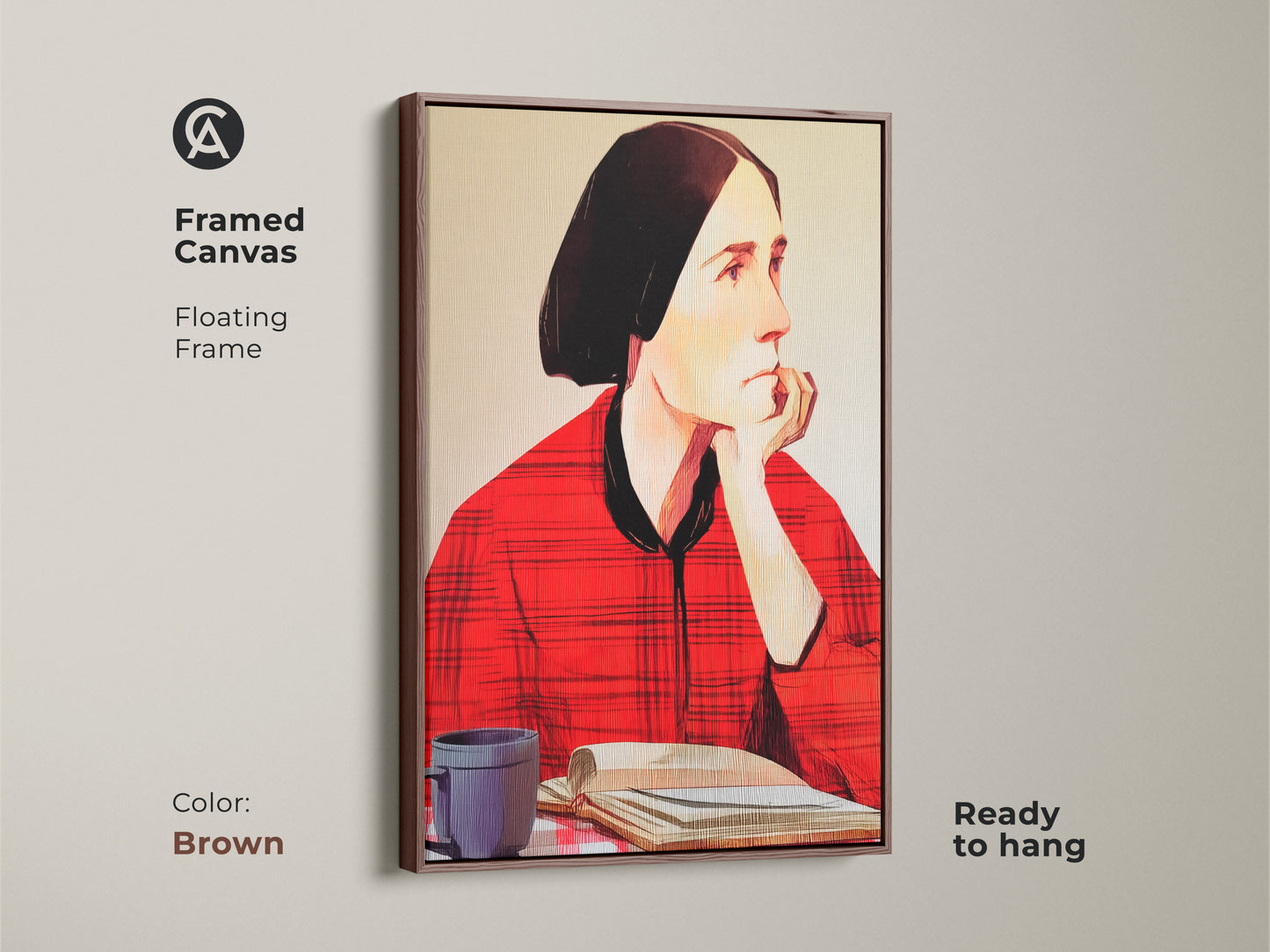 Framed canvas with a brown floating frame showcasing a woman reading artwork. This folk art portrait features a coffee cup and book. Hang it in your eclectic study room or home office for an artistic look. This unique piece has a red plaid shirt.