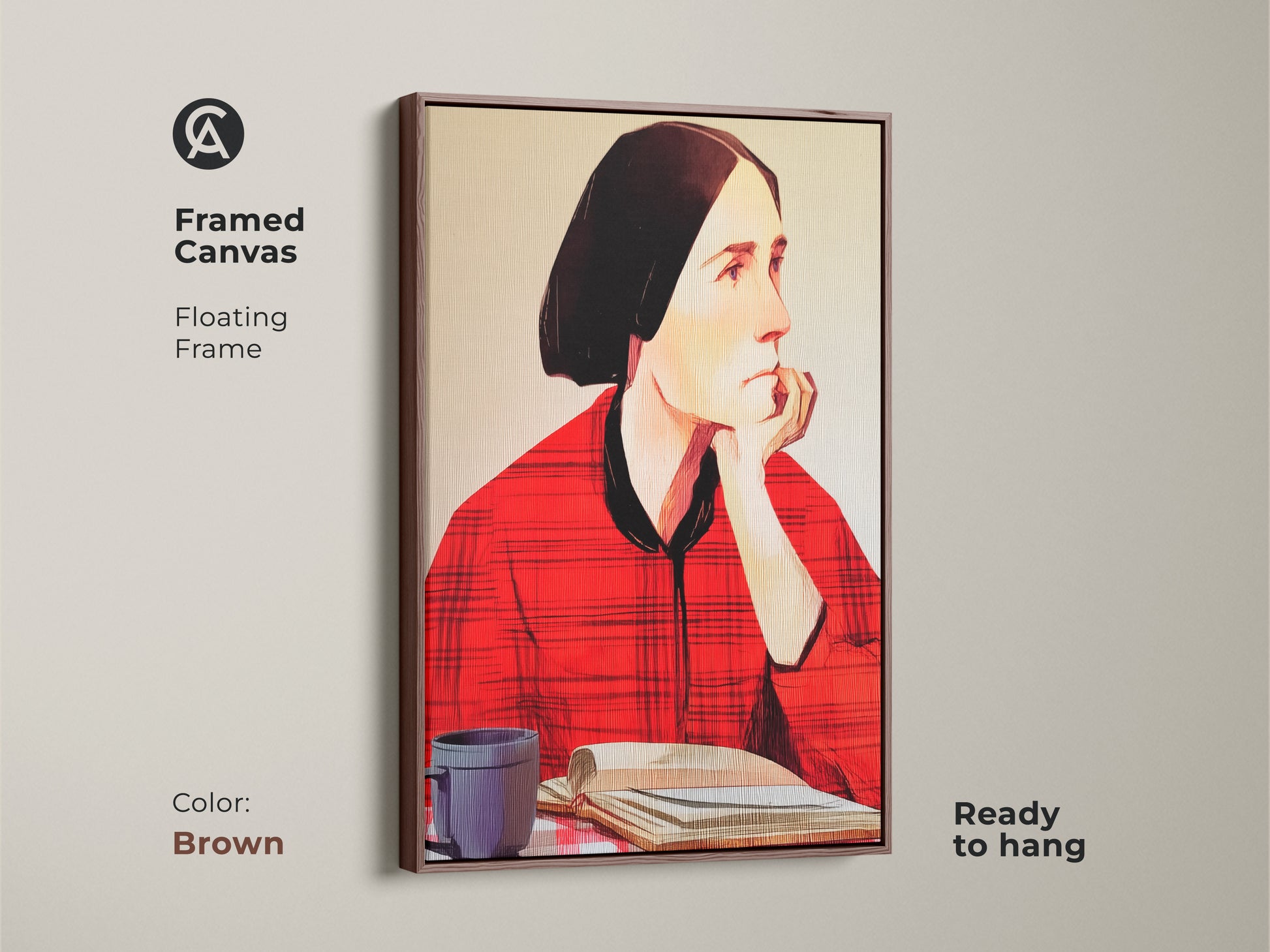 Framed canvas with a brown floating frame showcasing a woman reading artwork. This folk art portrait features a coffee cup and book. Hang it in your eclectic study room or home office for an artistic look. This unique piece has a red plaid shirt.