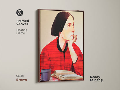 Framed canvas with a brown floating frame showcasing a woman reading artwork. This folk art portrait features a coffee cup and book. Hang it in your eclectic study room or home office for an artistic look. This unique piece has a red plaid shirt.