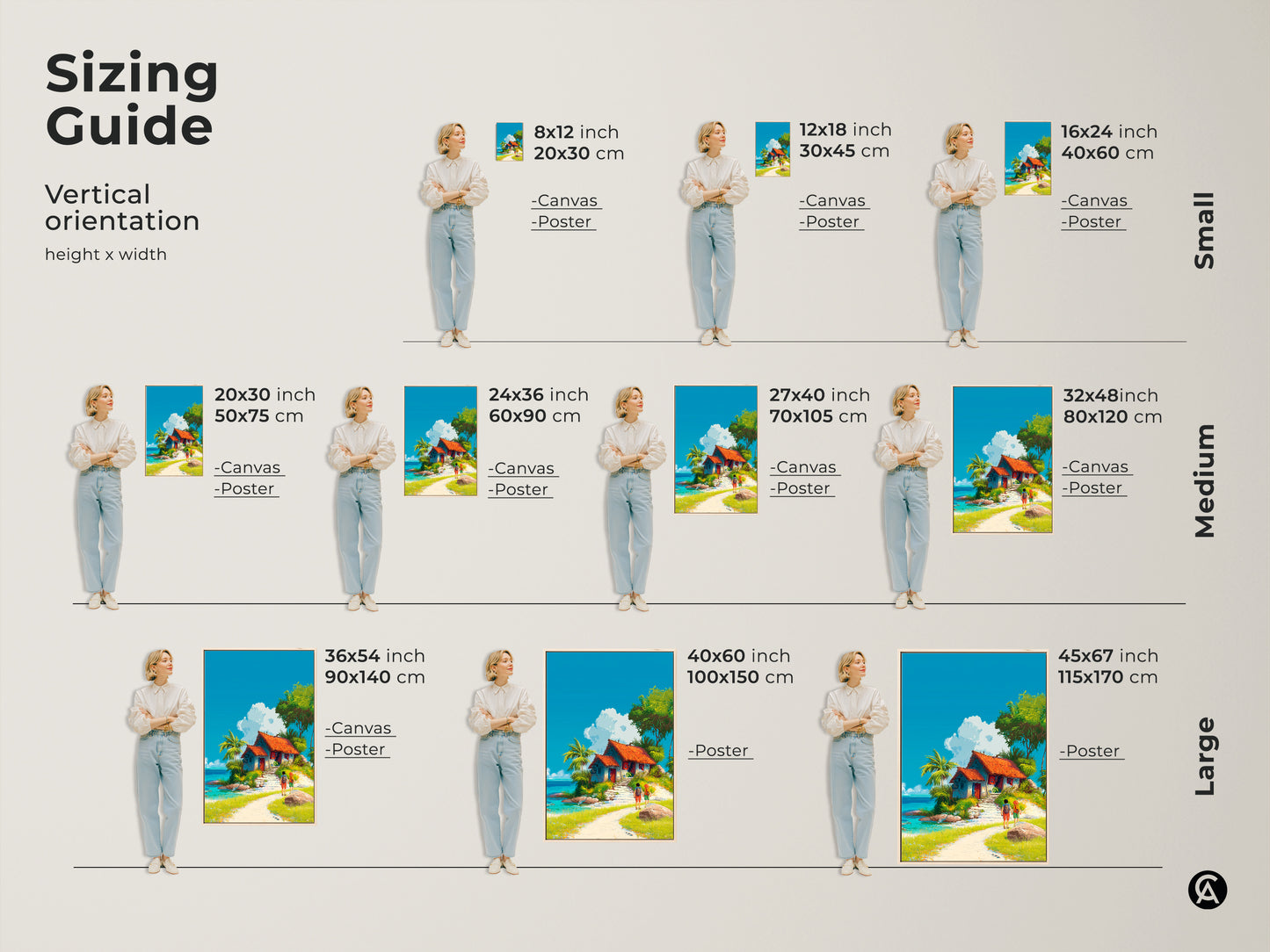 Sizing guide for tropical island artwork. Visualize vertical orientation artwork in small medium and large sizes. See how canvas and poster prints fit in your space. Find the perfect size to complement your home decor with this artwork.