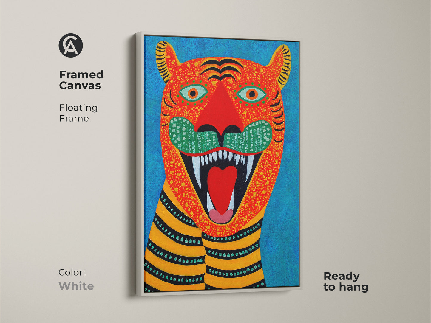 White framed canvas showing folk art tiger artwork with floating frame. A ready-to-hang naive art animal print complements eclectic style. Brighten any room with this colorful artwork.