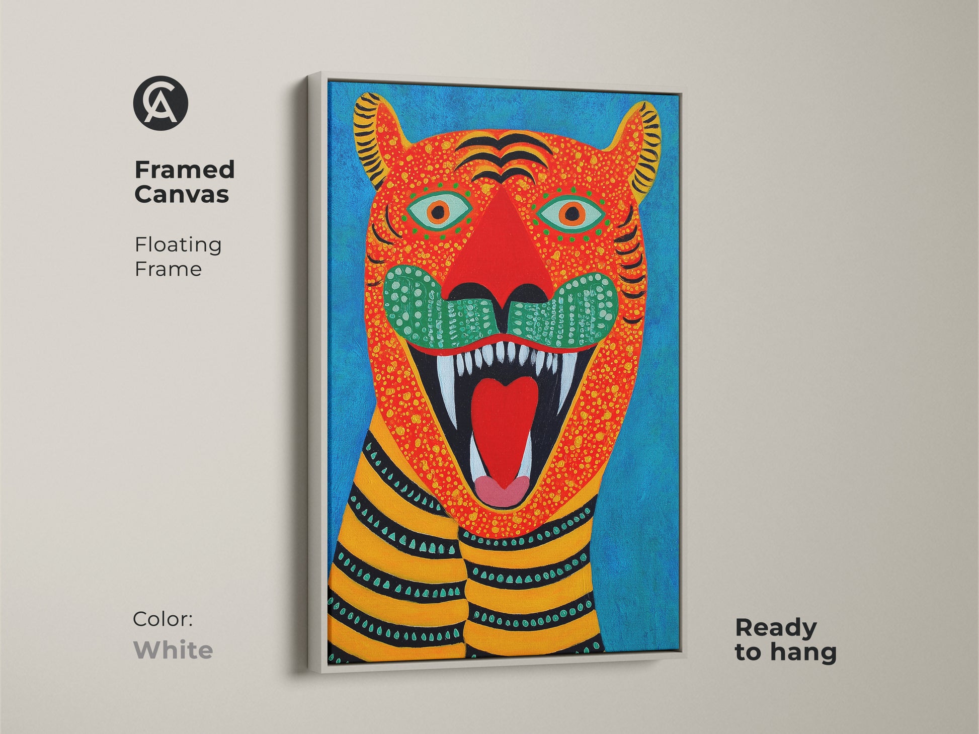 White framed canvas showing folk art tiger artwork with floating frame. A ready-to-hang naive art animal print complements eclectic style. Brighten any room with this colorful artwork.