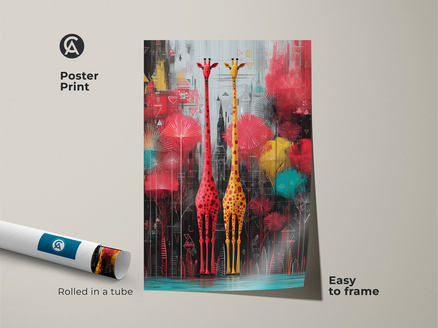 Poster print of abstract geometric giraffe art. The colorful animal artwork showcases two giraffes in red and yellow hues. Easy to frame it is a great eclectic home decor item.