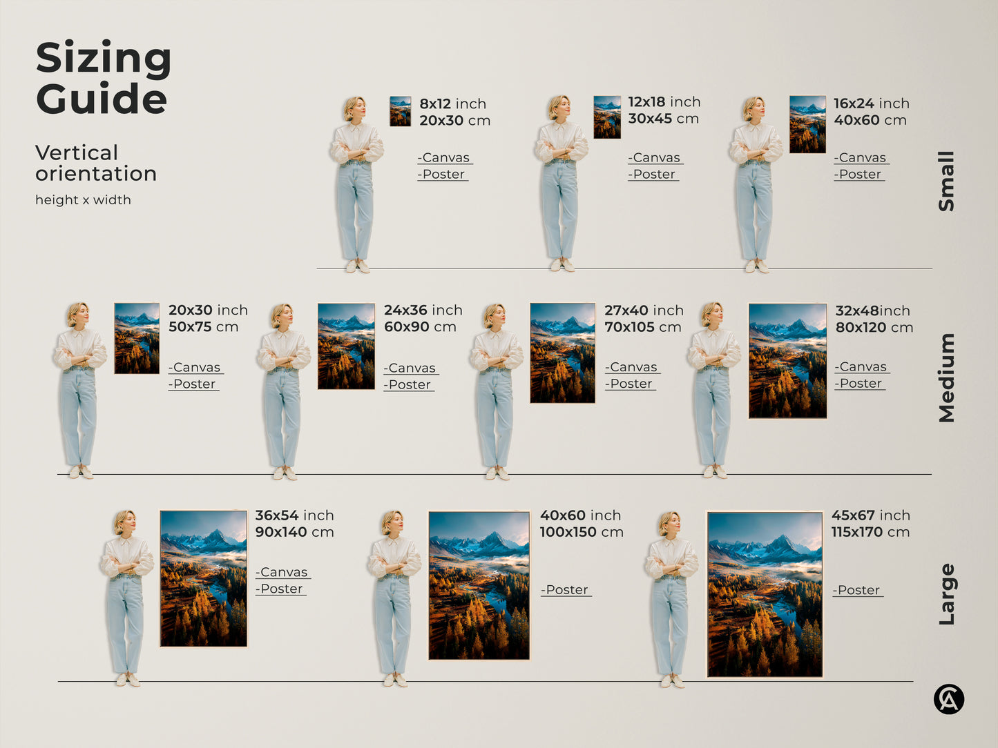 Sizing guide for vertical mountain landscape art. See canvas and poster options in sizes from small to large. Visualize 8x12 to 45x67 inch prints. Find the perfect size to enhance your space with stunning wall art.