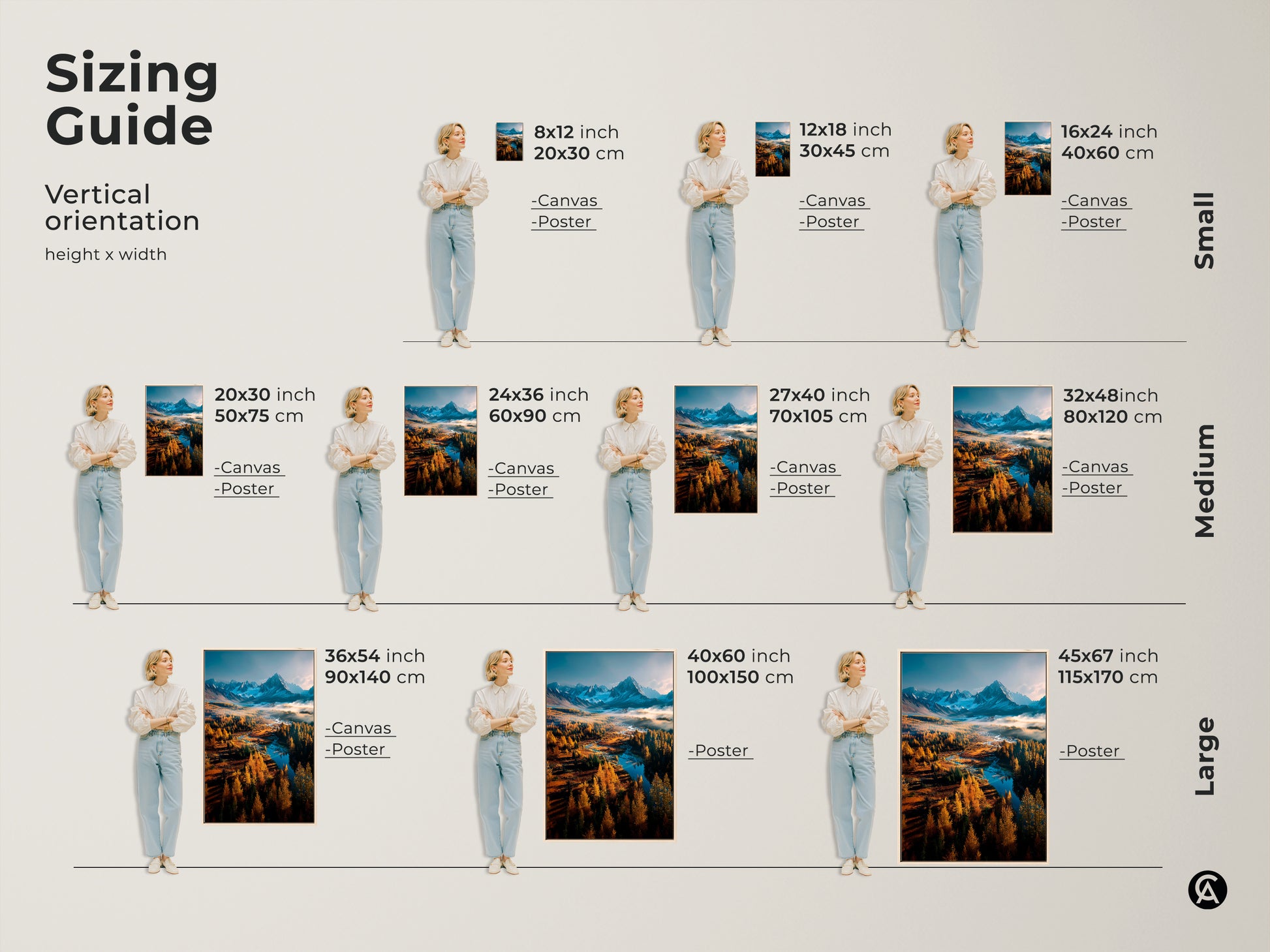 Sizing guide for vertical mountain landscape art. See canvas and poster options in sizes from small to large. Visualize 8x12 to 45x67 inch prints. Find the perfect size to enhance your space with stunning wall art.