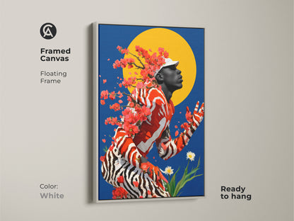 This framed canvas in white offers a contemporary portrait of a man with cherry blossoms. With a blue and yellow sun backdrop it brings modern art to any room. The red orange and blue artwork is ready to hang and makes a unique gift.