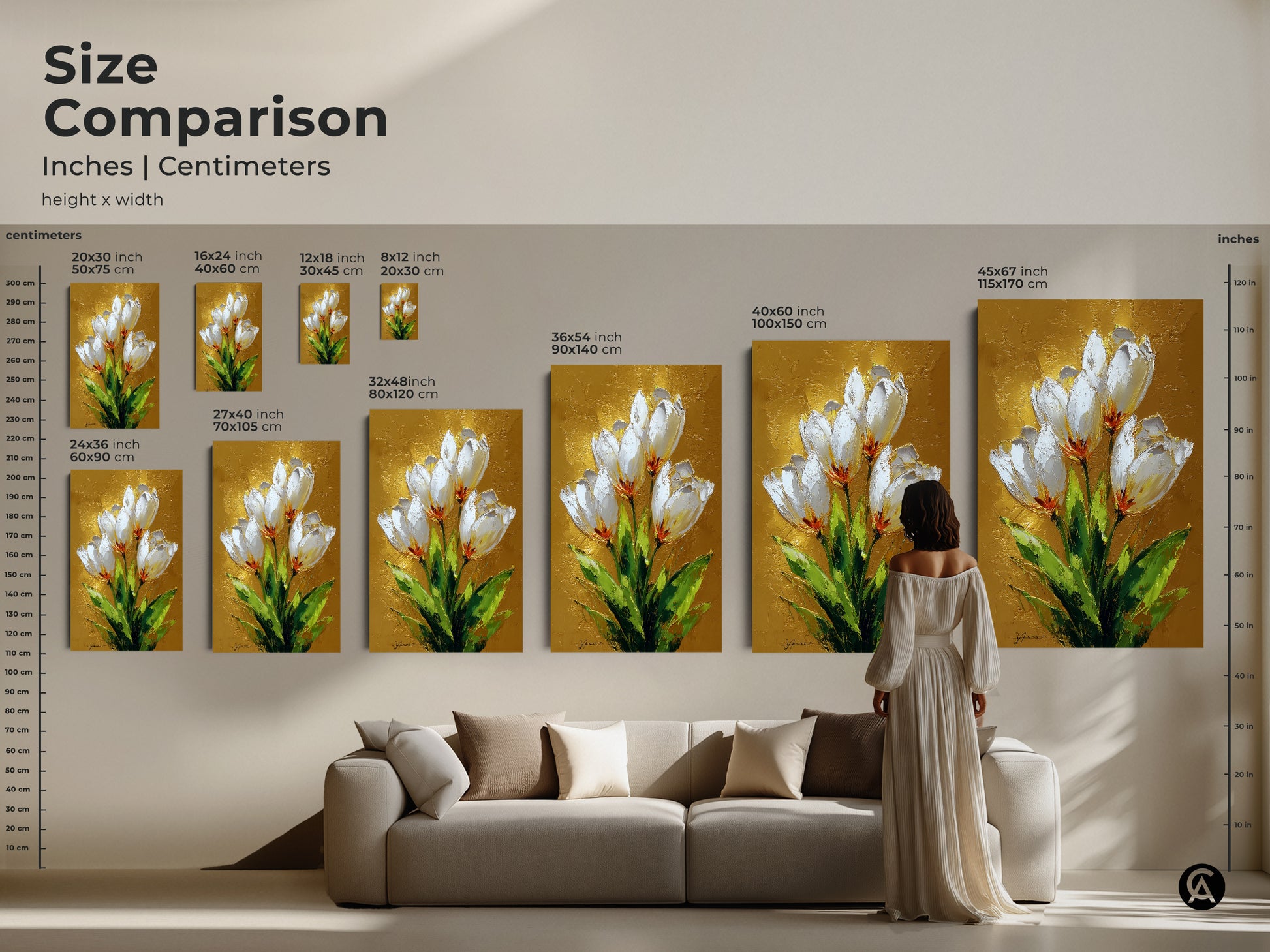 Size comparison of white tulip canvas art prints for wall decor. See how different sizes look above a sofa with a model. Choose the perfect scale for your botanical artwork.