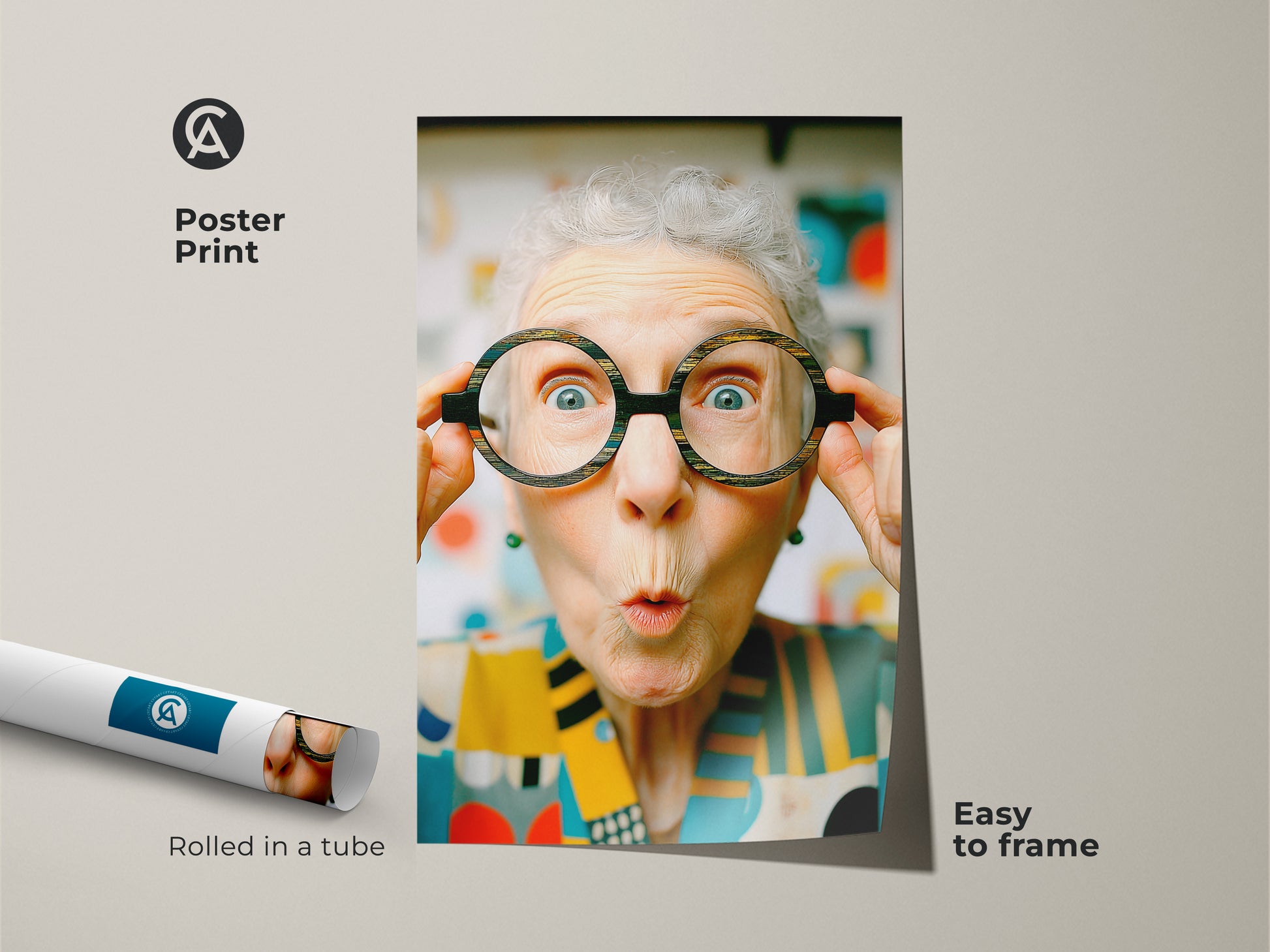 Poster print of a woman with glasses. This artwork is rolled in a tube for easy framing. A fun and unique piece to brighten up your home decor. Museum-quality paper.