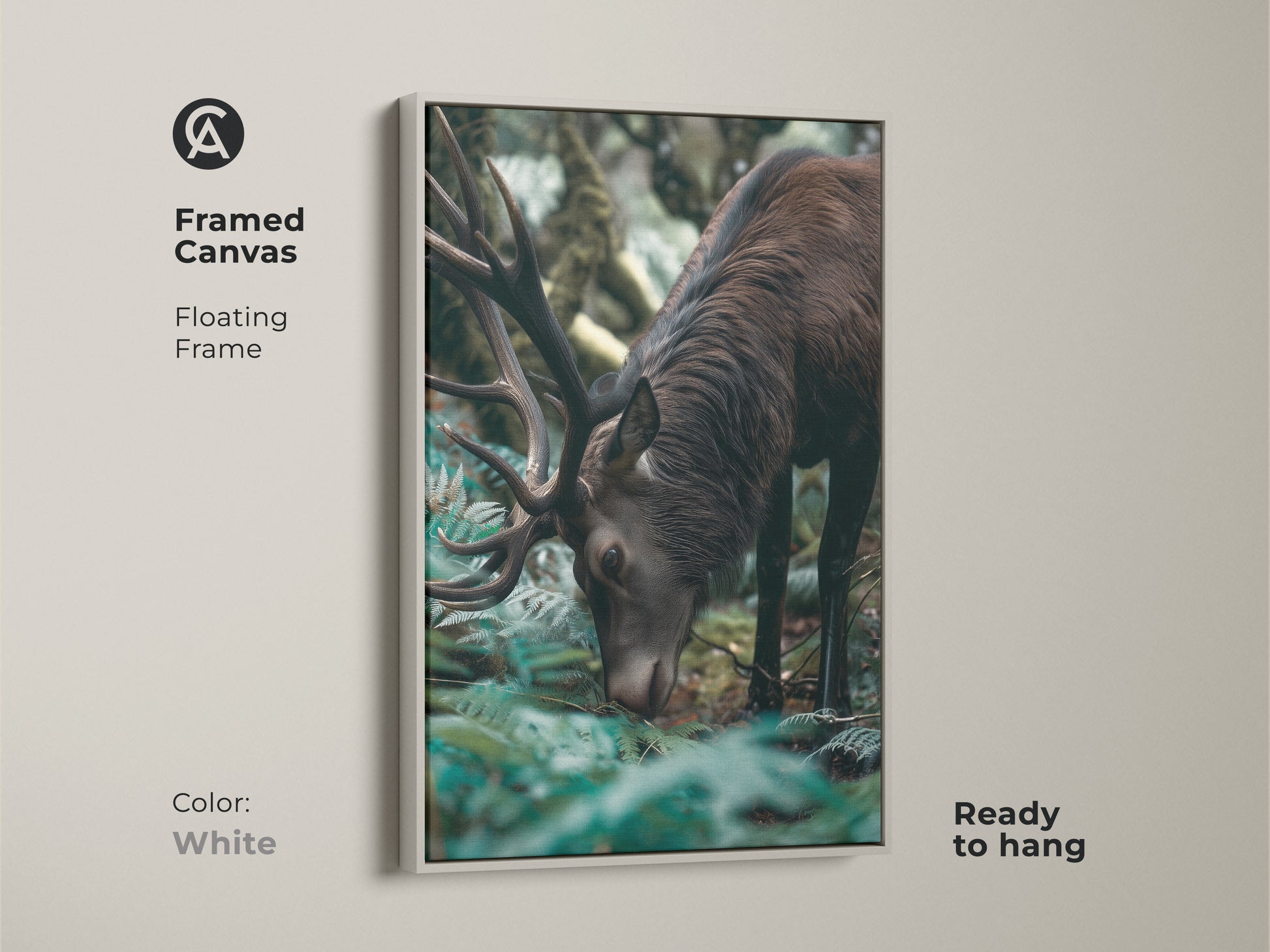 White framed canvas featuring a majestic elk. This rustic forest green artwork adds a touch of nature to your decor. The photorealistic deer print is ready to hang. Ideal for a bedroom or living room.