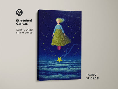 Close-up view of the celestial girl art print on stretched canvas. This gallery-wrapped canvas features mirror edges and is ready to hang. The fantasy art showcases a girl floating among constellations in a dreamy dreamscape. Its boho style makes it perfect for a nursery or kids' room.