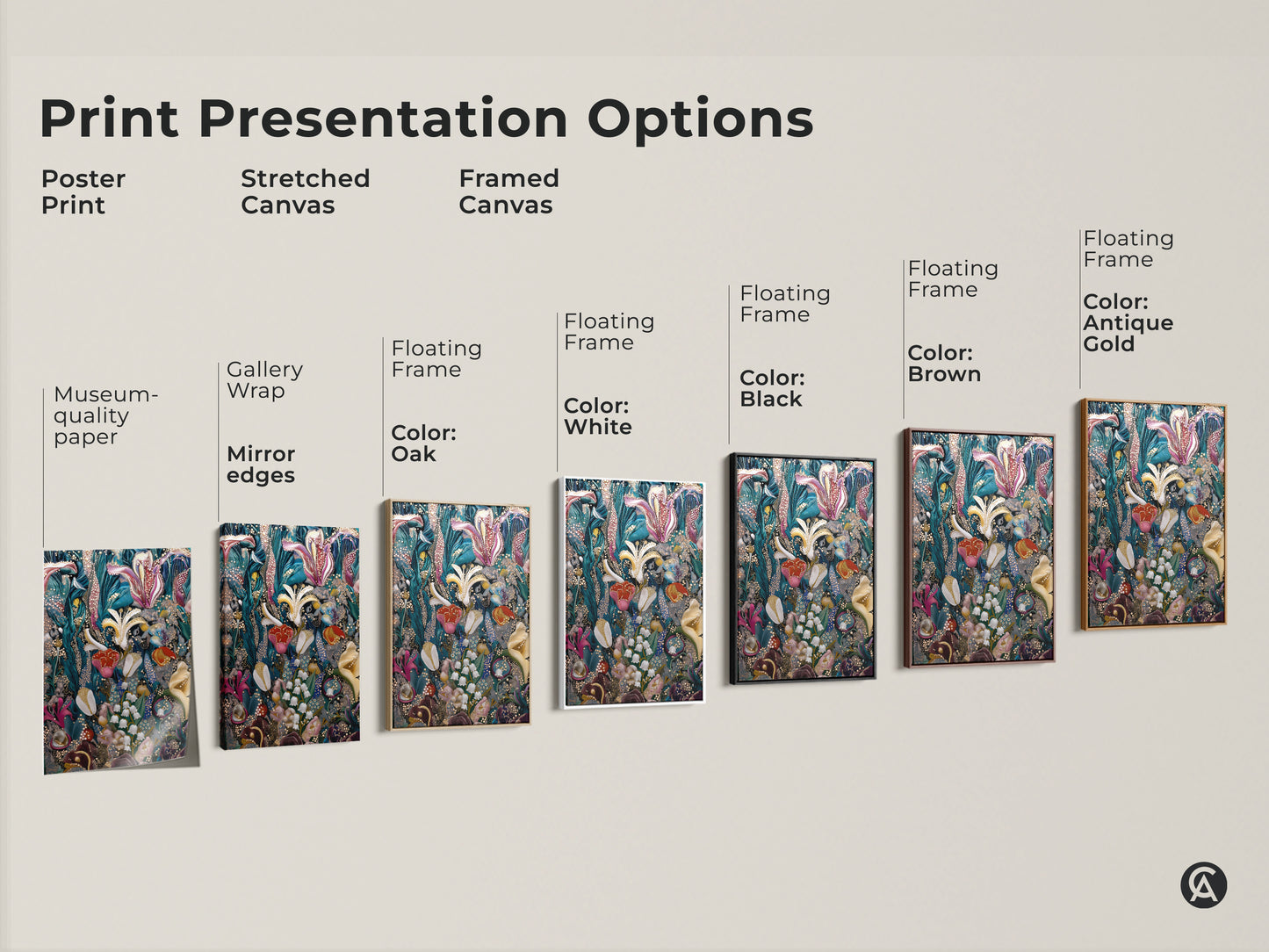 Print presentation options for surreal botanical art. Choose from poster stretched or framed canvas. Each option features Lily of the Valley and Tulip floral art. The deep green pink and teal colors add an eclectic touch to any space. Find the perfect unique home decor.