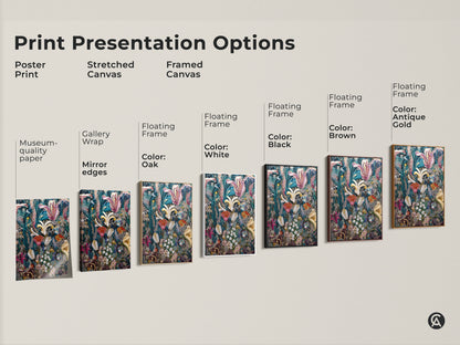 Print presentation options for surreal botanical art. Choose from poster stretched or framed canvas. Each option features Lily of the Valley and Tulip floral art. The deep green pink and teal colors add an eclectic touch to any space. Find the perfect unique home decor.