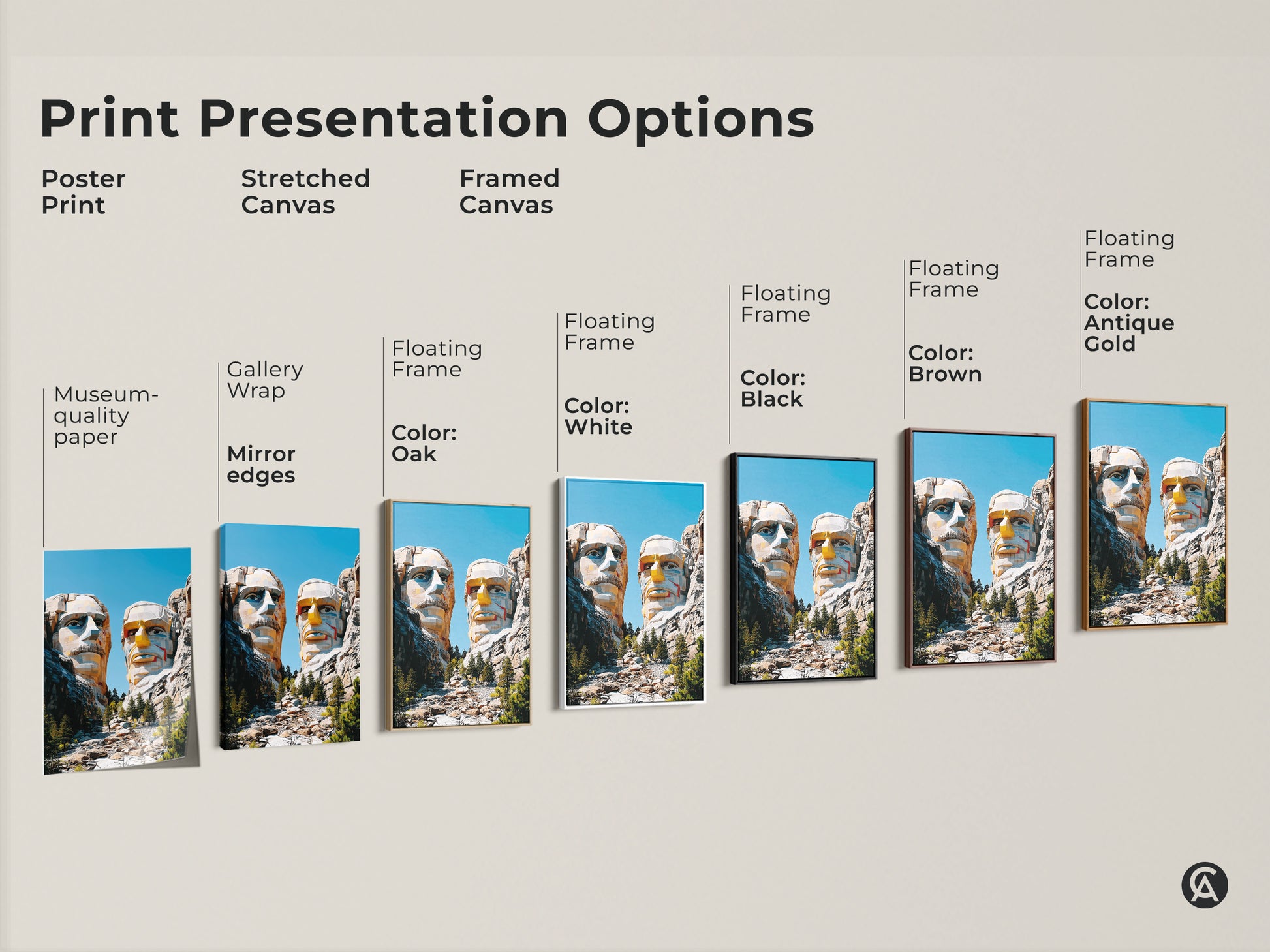 Explore print presentation options for geometric Mount Rushmore art. Choose from poster print stretched canvas or framed canvas. Various frame colors available oak white black brown antique gold. Find the perfect fit.