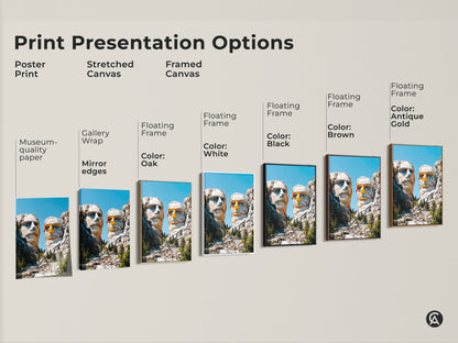 Explore print presentation options for geometric Mount Rushmore art. Choose from poster print stretched canvas or framed canvas. Various frame colors available oak white black brown antique gold. Find the perfect fit.