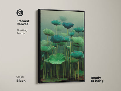 Framed canvas of Emerald Zen Ink Lotus Wall Art in black. This teal water lily art features a floating frame. It's ready to hang. The zen ink botanical print adds a minimalist touch. The Japandi style wall decor is serene.