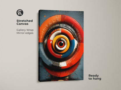 Stretched canvas print of an abstract geometric eye. Gallery wrapped with mirrored edges this red orange and blue artwork creates a psychedelic optical illusion. A unique eye artwork bringing vivid color to your walls. Perfect as eclectic home art or modern office wall decor this piece is ready to hang and adds a bohemian touch.