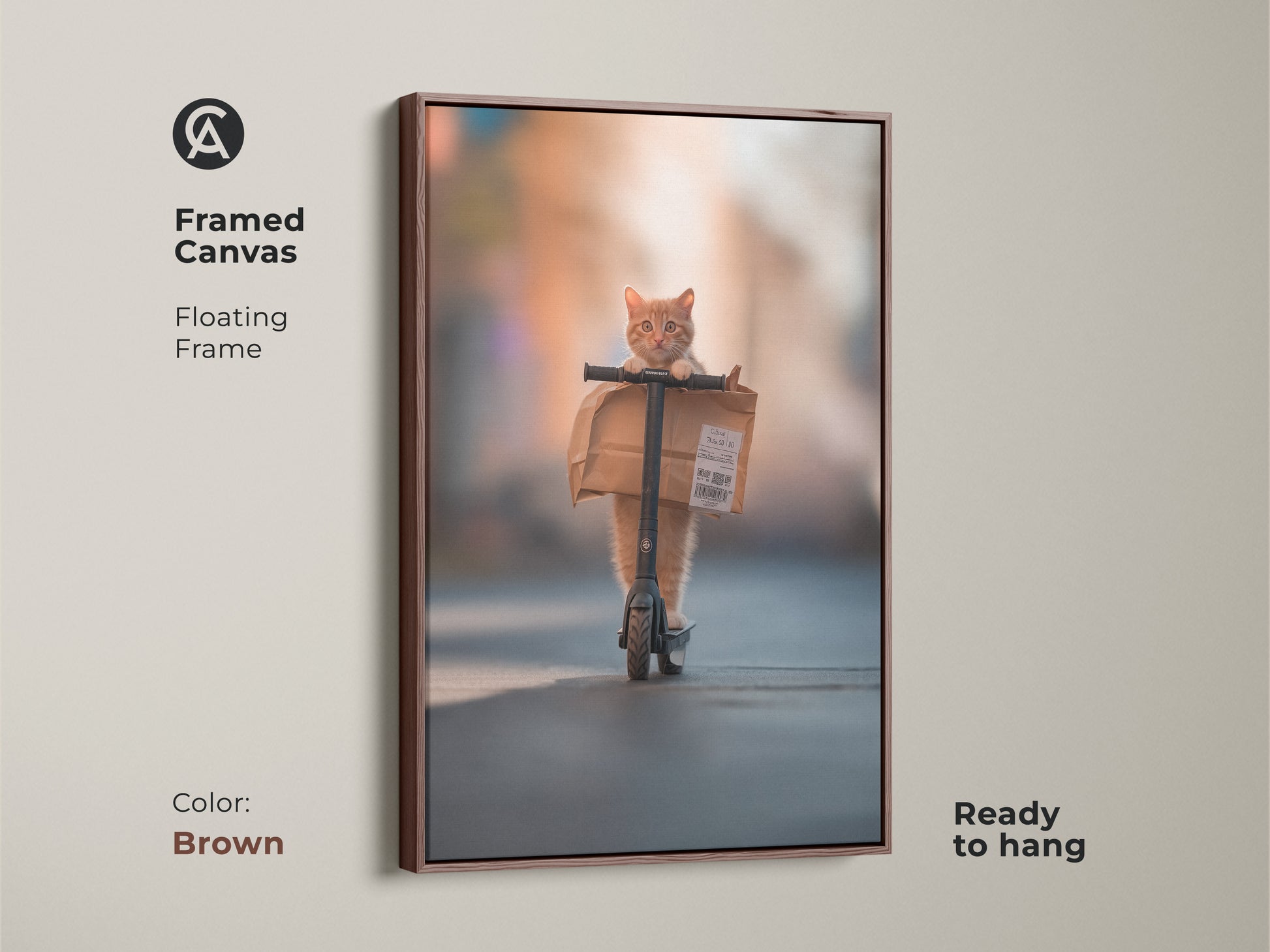 A framed canvas artwork in a brown floating frame. The artwork features a ginger cat riding a scooter. This unique piece of cat art is ready to hang in your home.